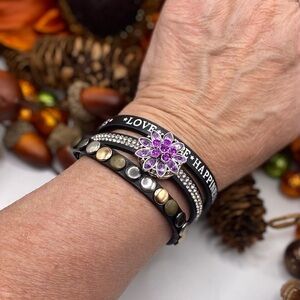 Love, Hope, Happiness Black Leather Bracelet & Purple 18mm Floral Snap! NWT